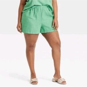 A New Day NWT Small Lightweight Green Striped Linen Blend Pull On Shorts Casual